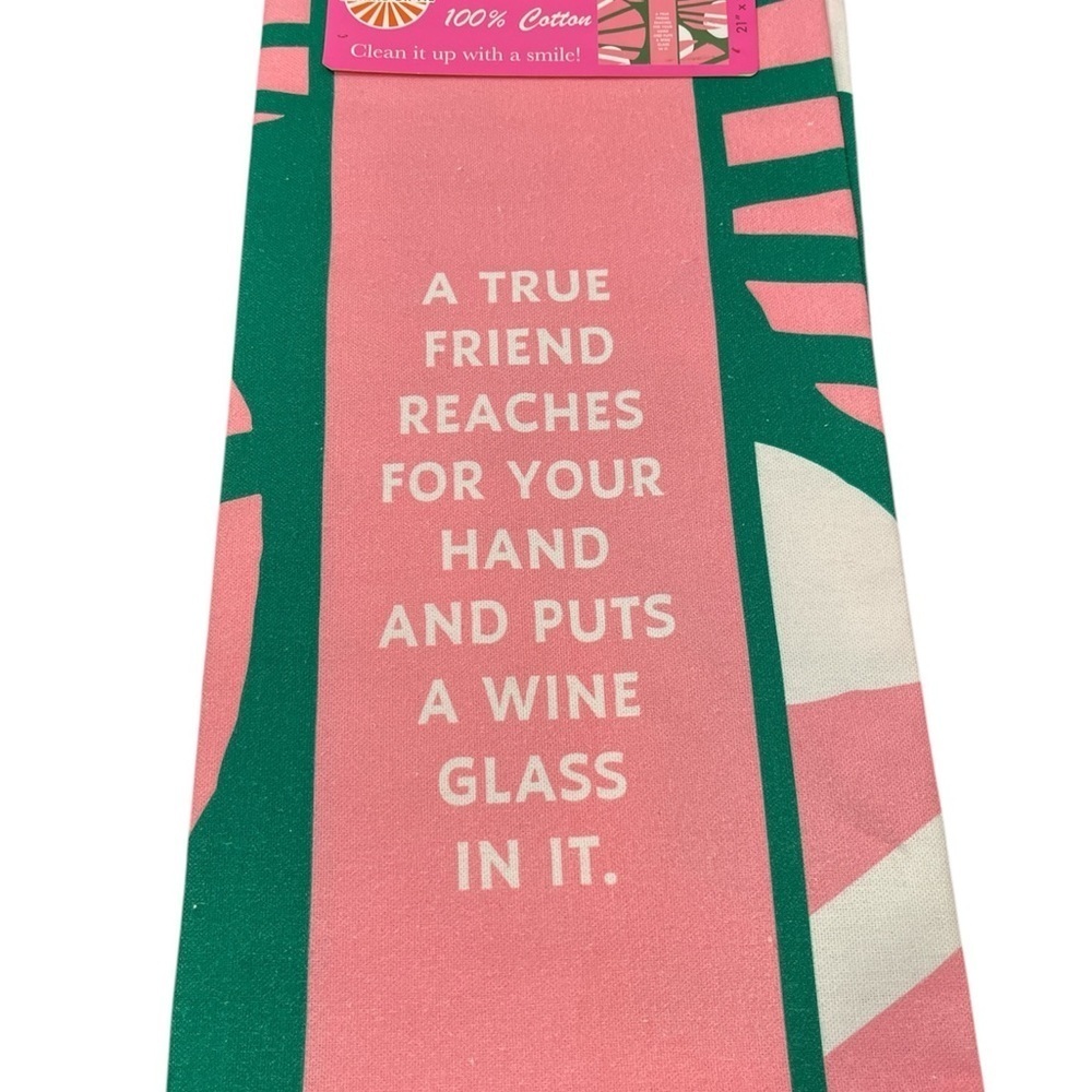 Drinks On Me  Cotton Kitchen Towel with Friendship Quote - Pink and Green